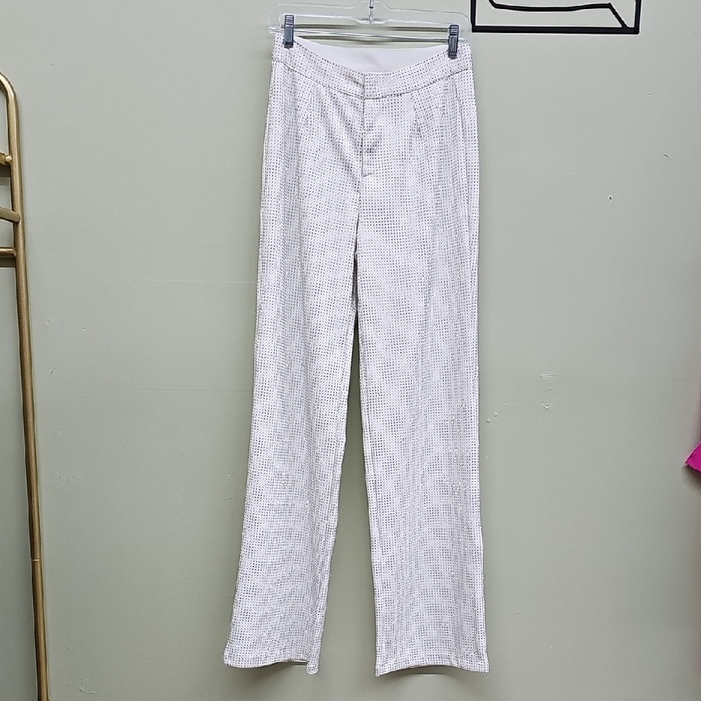 White Rhinestone Patterned Women  Wide-Leg Pants